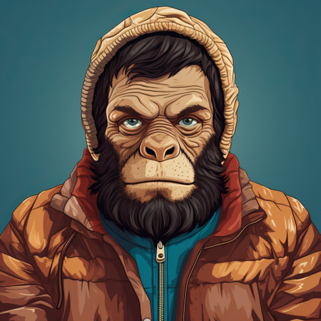an ape with a beard and an apron, depicted in a highly detailed illustration with intense color saturation. this stylized portrait captures the essence of environmental portraiture, showcasing the ape's unique personality. the artist, frank thorne, skillfully combines sky-blue and brown tones to create an epic and captivating image. ai generatedの素材