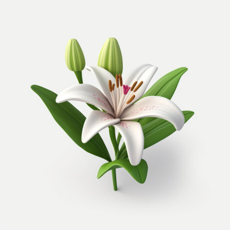 a 3d isolated illustration of a lily flower on a white background. this minimalist style artwork showcases detailed botanical studies, combining elements of mingei and hyper-realistic oil techniques. the humble charm of the white and green colors adds to the overall aesthetic appeal. ai generatedの素材