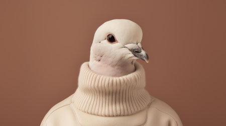 a white dove wearing a sweater is captured in this contemporary realist portrait photograph. the terracotta background adds a unique touch to the image, while the rubber material of the sweater creates an interesting contrast. the minimalistic style, combined with post-processing techniques, enhances the futuristic sleekness of the overall composition. the expressive character of the dove shines through in this captivating photo. ai generatedの素材
