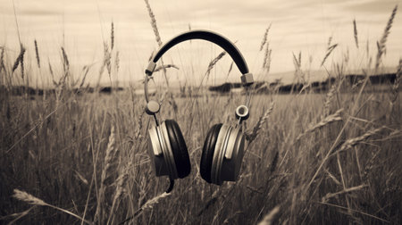 a pair of headphones rests on a bed of wheat, creating a striking monochrome landscape. this high-quality photo, captured with a konica auto s3 camera, showcases the contrasting colors of light brown and silver. the image is enhanced with aftereffects, resulting in a visually captivating and creative composition. this photo is available under the creative commons attribution license, perfect for colorful storytelling projects. ai generatedの素材