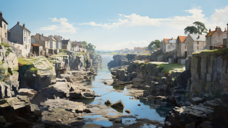 the photo captures a scenic river flowing gracefully amidst a backdrop of buildings and rocks. the style of the image is a blend of realism and stylization, showcasing the beauty of a villagecore setting. the vibrant and light-filled seascapes, along with the realistic blue skies, add to the charm of this 8k photograph, reminiscent of the picturesque french countryside. ai generatedの素材