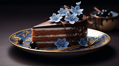 a chocolate chocolate cake is beautifully presented on a plate from a set, featuring a dark azure and bronze color scheme. the image is digitally enhanced with a soft focus romanticism effect, showcasing the artistic style of dmitry spiros. the cake appears in a realistic manner, with detailed rendering, combining dark white and indigo tones. ai generatedの素材