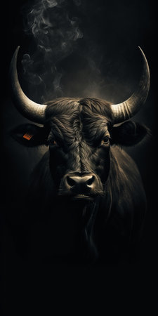 a bull's head emerges from swirling smoke against a dark backdrop, capturing the essence of the tokina at-x 11-16mm f2.8 pro dx ii lens. this dark and bold graphic print showcases elements of dark humor, rural china, and southern gothic-inspired character designs. the thick texture adds depth to the black and amber color scheme. ai generatedの素材
