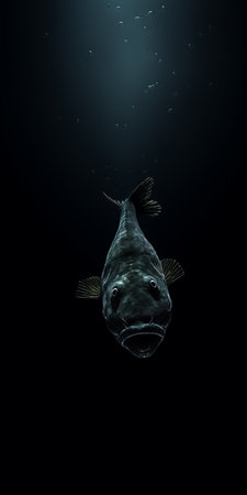 a fish and a huge squid are captured in a close-up shot underwater. this intense chiaroscuro portrait, created in the style of zbrush, showcases the creased, crinkled, and wrinkled textures of the sea creatures. the use of light black and cyan tones adds to the pseudo-realistic feel of the image, creating a captivating and unique composition. ai generatedの素材