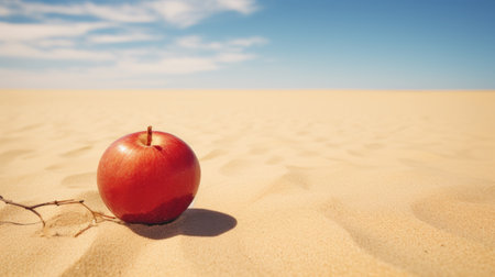 a desert fruit, captured in the style of quantum wavetracing, is showcased against a sandy backdrop. the vibrant red background and cloudy blue sky create a striking contrast. this monochromatic image, shot on 70mm film, exudes an advertising-inspired aesthetic with its applecore shape and exacting precision. prepare to be captivated by this visually stunning composition. ai generatedの素材