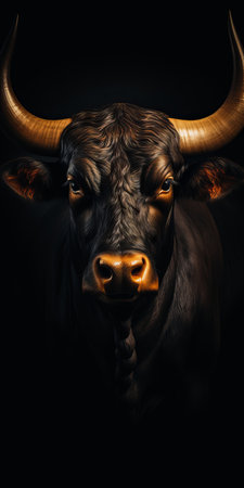 the bull's head, captured in a striking environmental portrait style, stands out against a black background. the image showcases a unique blend of dark amber and black tones, enhanced by vray tracing and kimoicore techniques. the photo's photo-realistic quality and bold color combinations highlight the bold character design of the subject. ai generatedの素材
