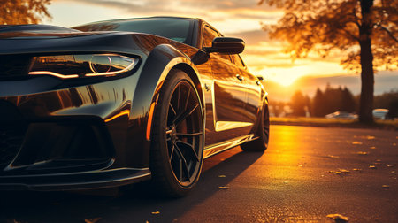 a black car with a sunset background, showcasing precision and detail-oriented style. this tv background wallpaper features highly polished surfaces and innovating techniques. the 32k uhd resolution highlights the classic american car's close-up intensity, while the exquisite craftsmanship adds to its allure. ai generatedの素材