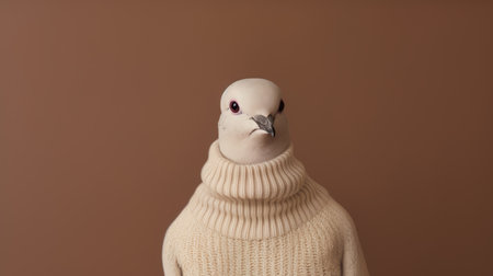 a doll dressed in a sweater, featuring a life-like avian illustration style, embodies conceptual minimalism and pigeoncore aesthetics. the hyperrealistic animal portrait showcases a clever wit, with a color palette of light maroon and white. the doll's appearance evokes classicist portraiture, creating a unique and captivating visual experience. ai generatedの素材