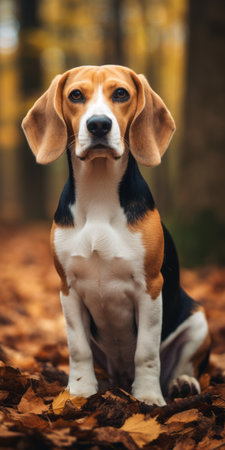 a dog sitting on top of brown and white leaves, showcasing expressive facial expressions. this uhd image captures the essence of bunnycore with its emphasis on post-processing techniques, smooth curves, and focus stacking. the color palette of navy and amber adds depth and warmth to the overall composition. ai generatedの素材