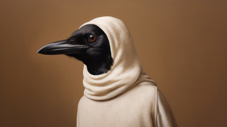 a little bird dressed in a robe stands out against a glowing background in this hyperrealistic animal portrait. the minimal retouching highlights the intricate details of the sculptural costume, which features a dark beige and black color scheme. this unique artwork is infused with elements of pop culture and captures the essence of the mcdonaldpunk aesthetic, all captured using the vibrant tones of kodak ektarの素材
