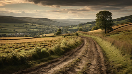 a dirt road meanders through the outskirts of town, reminiscent of traditional british landscapes. this captivating image by mitch griffiths showcases layered landscapes with lush backgrounds. martin rak's flowing brushwork adds depth to this uhd image. ai generatedの素材