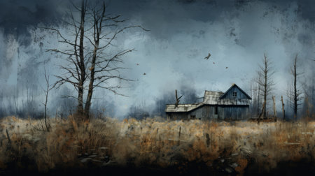 two birds gracefully soar through the foggy air above a rustic wooden barn. this digital painting captures the essence of american scene painting, with its dark and gritty atmosphere. the use of palette knives adds texture to the fictional landscape, while the atmospheric blues evoke a sense of mystery. the decaying landscapes further enhance the overall mood of the artwork. ai generatedの素材