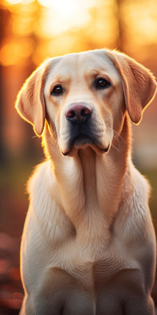 gold lab puppy sitting on the ground, captured in a backlit photography style. the warm tones enhance its distinct facial features, showcasing its light yellow and light red fur. the intense close-ups, taken with a rollei prego 90, exude refined elegance. ai generatedの素材