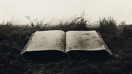 a black and white photograph of a book resting in a meadow, capturing the essence of ssaku hanga style. the image showcases decaying landscapes and romanticized seascapes, with a touch of sepia tone. shot with a rollei prego 90, this photo evokes a sense of literary excavations and the allure of leatherhide. ai generatedの素材