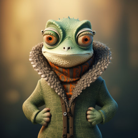 a small lizard wearing a coat and jacket, showcasing photorealistic fantasies and quirky character designs. this uhd image captures the intricate details of the lizard's outfit, highlighting the vray tracing and digital art techniques used. the strong facial expression adds to the folk-inspired charm of this unique creation. ai generatedの素材