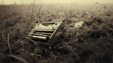 an old typewriter, covered in dust and sitting on a field, captures the essence of a bygone era. with a note nestled in its keys, this photo tells a story of forgotten memories and abandoned dreams. the monotone and rusty debris add a touch of nostalgia, while the dynamic composition and symbolic expressionist elements create a captivating visual narrative. ai generatedの素材