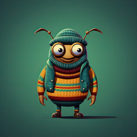 a highly detailed cartoon bug, wearing a sweater and socks, is depicted in this image. created in the style of inventive character designs, the bug stands out with its moody colors and a cold, detached atmosphere. the use of teal and yellow adds a unique touch to the overall composition. this full-body illustration was crafted using zbrush. ai generatedの素材