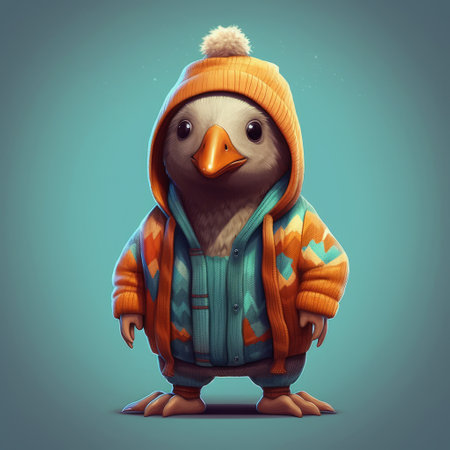 an animator is creating a charming illustration of a cartoon character wearing a hood. the style of the illustration is inspired by life-like avian illustrations, with heavy texture and layered colors. the warmcore palette adds a touch of realism to the stylized artwork, reminiscent of the works of matti suuronen. ai generatedの素材
