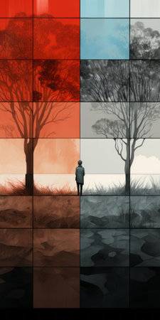 an individual walks along the cliffs near trees in this monochromatic conceptual digital art. the multi-panel composition showcases a combination of light red and dark gray tones, creating a visually striking contrast. the artwork captures trapped emotions through flat backgrounds and emotive fields of color. ai generatedの素材