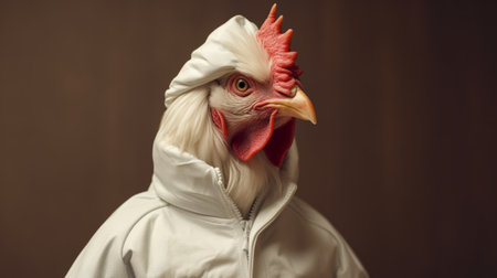 a rooster, dressed in a white coat and hat, poses for a hyper-realistic sci-fi style portrait. the photograph showcases toy-like proportions and utilizes photo-realistic techniques to create a studio portrait with realistic human figures. this unique image combines elements of mcdonaldpunk and detailed portraiture. ai generatedの素材