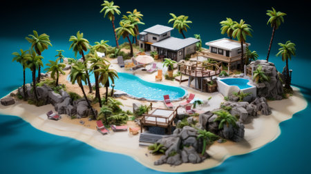 miniature model of a manga-style beach resort, resembling a beach with a touch of mystery from the dark amber and light cyan color scheme. captured on 70mm, this uhd image showcases the intricate details of the miniature jungle and the nostalgic ps1 graphics, creating a unique poolcore aesthetic. ai generatedの素材