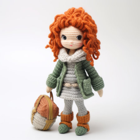 a crocheted doll with red hair and a backpack, showcasing the classic academia and mori kei style. the doll is adorned in a charming light orange and dark emerald outfit, complemented by light beige and light amber accents. the background features delightful sketches in shades of light green and dark amber, adding to the overall enchanting aesthetic. ai generatedの素材