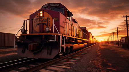 a large train drives down the railroad track in an empty parking lot, capturing the richly colored skies with a vibrant color scheme. the photograph showcases photographically detailed portraitures, illuminated by softbox lighting, reminiscent of a majestic port. this national geographic-style photo features a captivating blend of light amber and maroon hues. ai generatedの素材