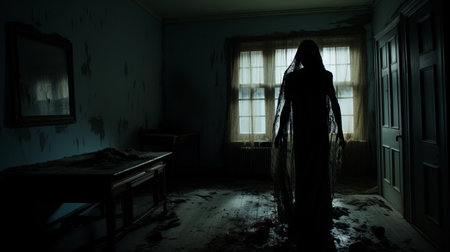 a lonely ghost, captured in a cinematic still, stands in an empty room. this haunting image, reminiscent of southern gothic style, evokes feelings of frayed suburban ennui. the tabletop photography showcases silhouette figures, creating a captivating and eerie atmosphere. discover this evocative image on flickr. ai generatedの素材
