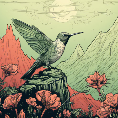a hummingbird with pink flowers perched on a rock, depicted in a detailed comic book art style. the monochromatic landscapes and colorful landscapes serve as a backdrop for this light emerald and red bird. the sublime wilderness is brought to life through hyper-detailed illustrations and woodcut-inspired graphics. ai generatedの素材