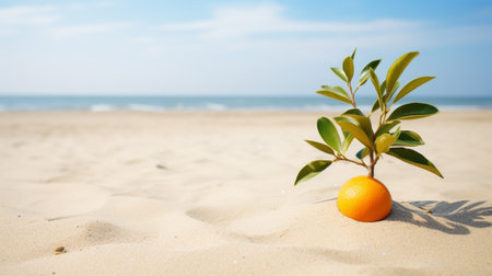 a small orange tree stands on the sandy beach, exuding youthful energy and embracing serene maritime themes. the minimalist staging and playful arrangements highlight its solapunk aesthetic, while the use of organic materials adds to its natural charm. the tree's presence against the serene oceanic vistas creates a captivating scene. ai generatedの素材