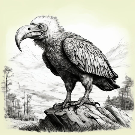 a vulture perched on a forest rock, captured in a detailed sketching style. this illustration showcases intricate character details, scientific accuracy, and the influence of himalayan art. the use of ambient occlusion and high-contrast shading adds depth to the historical illustration. ai generatedの素材