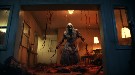 a woman waits anxiously on a couch in a haunted house at night. this eerie photo captures the essence of zombiecore, with its detailed costumes and terrorwave atmosphere. shot in stunning 32k uhd resolution, this national geographic image showcases the sculpted features and 8k 3d effects, immersing viewers in a spine-chilling experience. ai generatedの素材