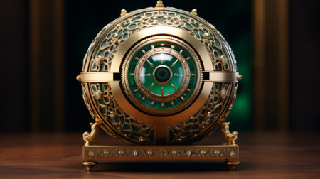 an iron egg with a green and silver interior, inspired by the tokina opera 50mm f14 ff lens. this hyper-detailed rendering showcases a fusion of light bronze and gold, exuding a futurist mechanical precision. created by the talented artist sacha goldberger, the hypnotic symmetry and clockpunk elements make this piece truly captivating. ai generatedの素材