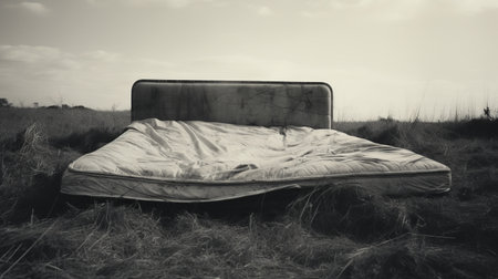 old mattress on the ground, minimalist monochromatic landscape style, photorealistic fantasy, poignant portrait, prairiecore inspiration, monochrome toning, uncanny and eerie atmosphere. ai generatedの素材