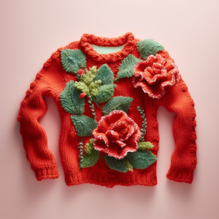 the carnation in this photo is adorned with hilarious and eccentric ornaments, resembling the ugliest christmas sweaters. it features knit garlands, oversized buttons, and other sweater-themed decorations, exuding a whimsical and quirky charm. ai generatedの素材