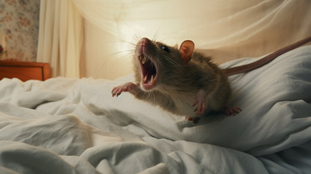 a rat with its mouth open and eyes wide, captured in a motion blur style. the image showcases sleepycore aesthetics, with a golden light illuminating the scene. the use of focus stacking creates a sharp and detailed portrayal. the lively interiors provide a backdrop for the trapped emotions depicted, while also highlighting a sense of domestic intimacy. ai generatedの素材