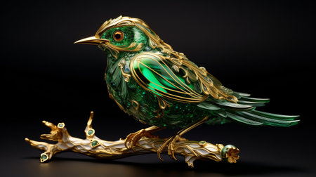 a green bird ornament with a golden touch, showcasing a blend of realism and fantasy elements. this meticulously crafted piece features the artistic style of angura kei, boasting layered translucency and exquisite detail. its eye-catching intricacy makes it a perfect addition to museum gallery dioramas. ai generatedの素材