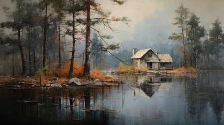 an archipelago of distressed and weathered surfaces, resembling avian-themed cottages, stands at the edge of a fall woods. the dark sky-blue and gray color palette adds a touch of mystery to the scene. the cottagepunk style, combined with spot metering and heavy shading, creates a captivating and atmospheric composition. ai generatedの素材