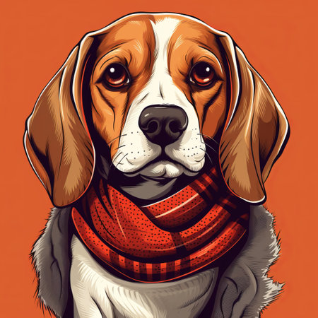 a fashionable beagle with brown eyes is captured in a vibrant fashion-illustration style, wearing a striking red scarf. the artwork features a saturated color field with shades of light gray and amber, reminiscent of screen printing techniques. the beagle's portrait exudes a western-style vibe, showcasing a beautiful combination of light amber and white tones in this unique illustration. ai generatedの素材