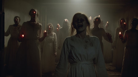 the photo captures mrs. frankovich, the deceased girl, in a hauntingly ethereal scene. shot with the zeiss batis 18mm f2.8 lens, the image showcases theatrical lighting in white and crimson hues. the 8k resolution enhances the ghostly figures and medical themes, while the volumetric lighting adds an otherworldly touch. ai generatedの素材