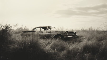 the chevelle, captured in a post-apocalyptic landscape, showcases a celebration of rural life. this national geographic photo features a textural landscape with a sepia tone, creating a visually stunning and immersive experience. the uhd image highlights the beauty of the chevelle, while the low depth of field adds a touch of artistic flair. ai generatedの素材