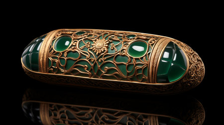 small pillow with golden metal carving, ceramic body, emerald inlays - this round, full-shaped pillow showcases a stunning golden metal carving on its ceramic surface. adorned with sparkling emeralds, it exudes a realistic texture and boasts exquisite craftsmanship. the ultra-clear image quality captures every intricate detail, making it a truly captivating piece. ai generatedの素材