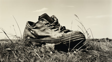 a dark silhouette of a shoe on a grassy hill, captured in a vintage sepia-toned style. this post-modern deconstruction of a photograph showcases photographically detailed portraitures. the image also reflects elements of breakdance photography, with a hint of daguerreotype aesthetics. the crumpled shoe evokes a sense of working-class empathy. ai generatedの素材