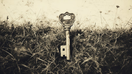 vintage sepia-toned photograph of an abandoned space, showcasing a key lying in the dirt. the image, captured with a steinheil quinon 55mm f/1.9 lens, exudes a storybook-esque charm. this high-definition image by rachel whiteread evokes a sense of nostalgia, while the presence of the key adds an intriguing element. the photograph is reminiscent of the classic kodak plus-x film. ai generatedの素材