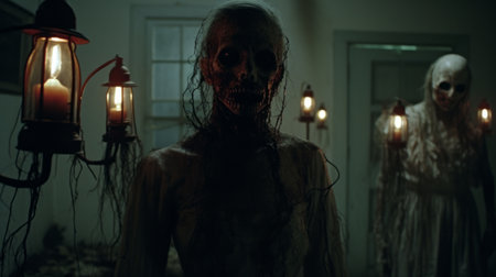 a photo capturing the eerie atmosphere of a haunted house, showcasing ghostly happenings. shot in stunning 8k resolution, the image is enhanced by the artistic touch of emil alzamora. the cinematic lighting adds to the haunting ambiance, while nick alm's expertise brings out the grotesque beauty of the scene. a close-up perspective reminiscent of mary anning's discoveries adds to the intrigue. ai generatedの素材