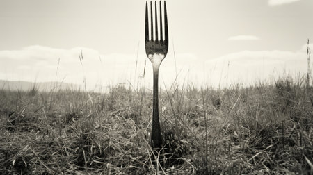 a fork stands upright in a picturesque meadow near niagara falls, captured with the iconic graflex speed graphic camera. this meticulous still life photograph combines irony and humor, blending elements of realism with a touch of expressionism. the paleocore aesthetic and monochromatic expressionism create a unique visual experience in this high-definition image. ai generatedの素材