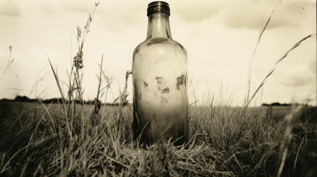 the unfinished bottle by john heugenbroch captures a soft focus nostalgia with its trace monotone, reminiscent of nostalgic landscapes. this prairiecore-inspired artwork evokes a sense of longing and reflection, reminiscent of the kodak retina era. with a touch of beatrix potter's whimsy and a hint of post-apocalyptic ambiance, this photo invites viewers into a captivating visual journey. ai generatedの素材