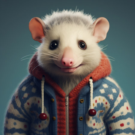 an opossum wearing a holiday sweater, rendered in cinema4d, showcases realistic and emotive portraits. inspired by the works of victor nizovtsev and john larriva, this playful character design combines light white and dark crimson tones. the artwork captures the essence of matti suuronen's style. ai generatedの素材