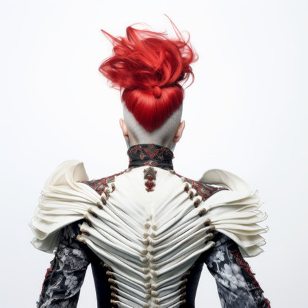 syraa jayne showcases her striking red hair and rhinestone-adorned attire, embodying a unique blend of conceptual materiality and futuristic victorian aesthetics. her artistic expression draws inspiration from renowned figures like rachel whiteread and robert antoine pinchon, while incorporating elements of red threads and steelpunk influences. ai generatedの素材