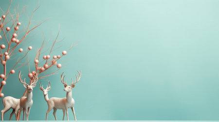 four real reindeer are captured in a minimalist photograph, set against a serene blue background. the deer and fruits add a touch of nature to the scene. the light aquamarine and beige colors create a soothing atmosphere, while the selective focus highlights the beauty of the reindeer. this daz3d image by duy huynh features a combination of light silver and light pink tones. ai generatedの素材